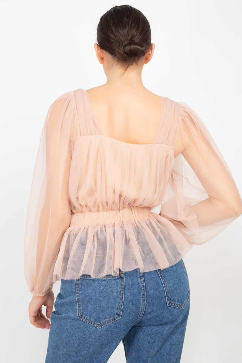 Sheer Mesh Crochet Peplum Top