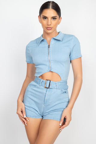 Belted Zip-up Denim Romper