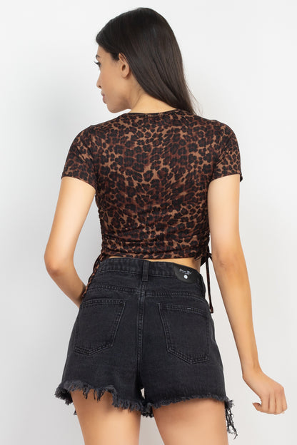 Ruched Drawstring Animal-printed Crop Top