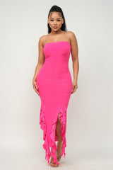 Solid Bottom Ruffle Trim Hem Slit Tube Maxi Dress