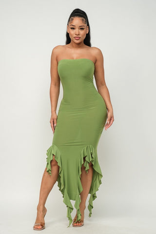 Solid Bottom Ruffle Trim Hem Slit Tube Maxi Dress