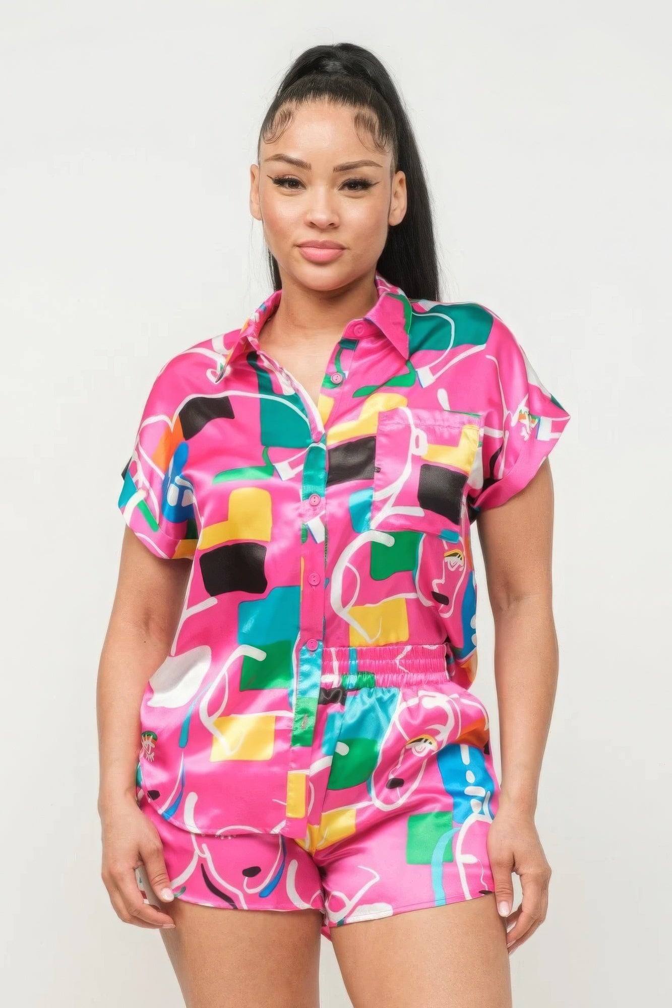 Satin Dolman Print Button Down Top And Shorts Set