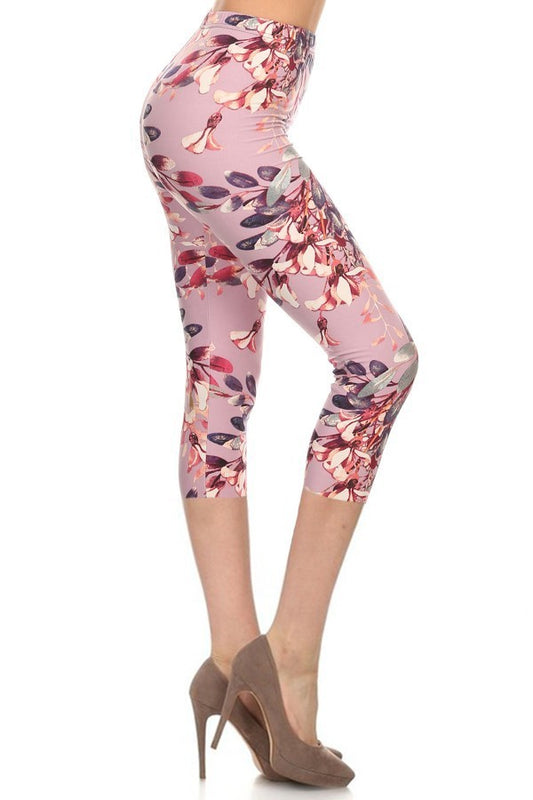 Multi-color Print, Cropped Capri Leggings In A Fitted Style With A Banded High Waist