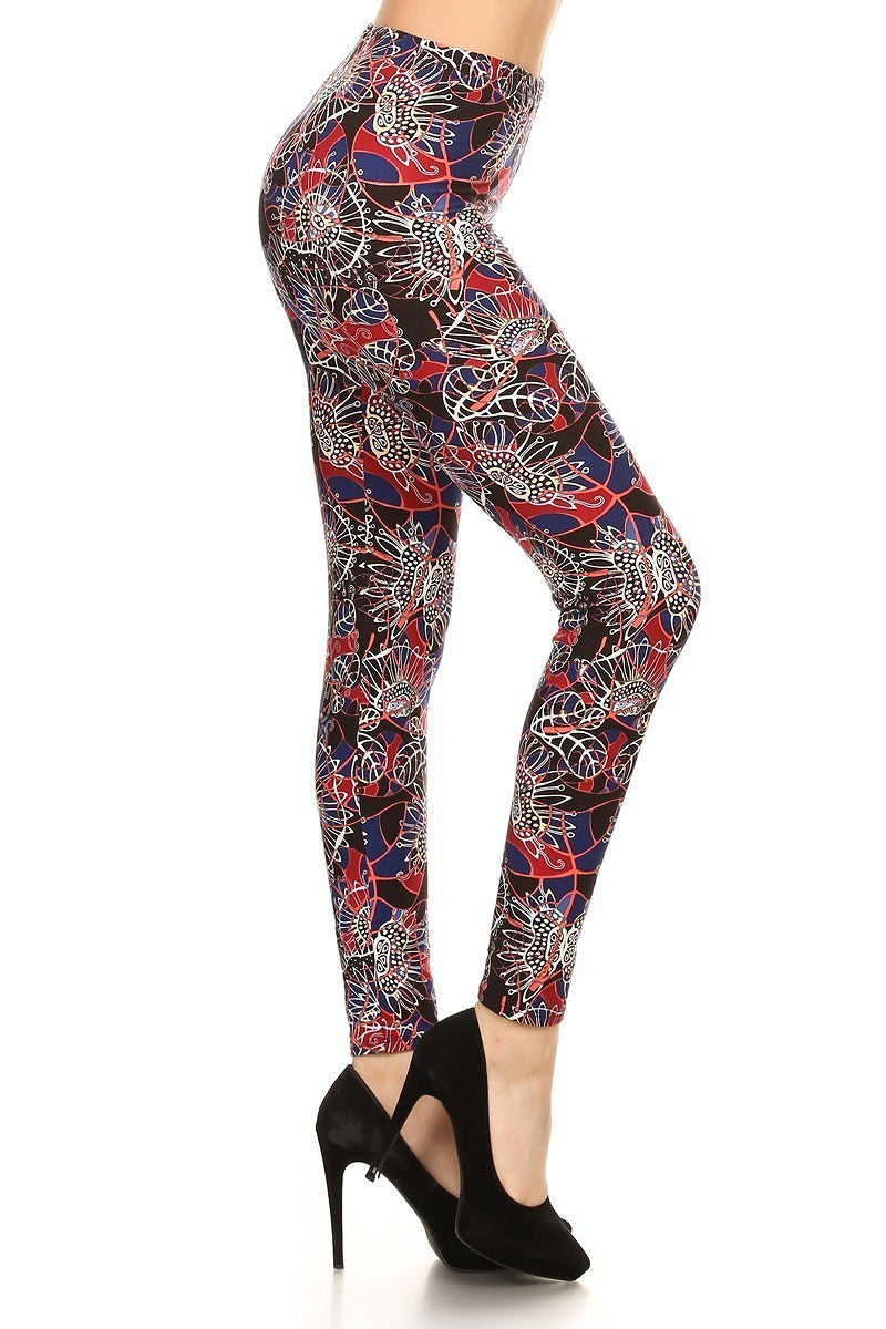 Floral Print High Waist Basic Solid Leggings With 1 Elastic Waistband