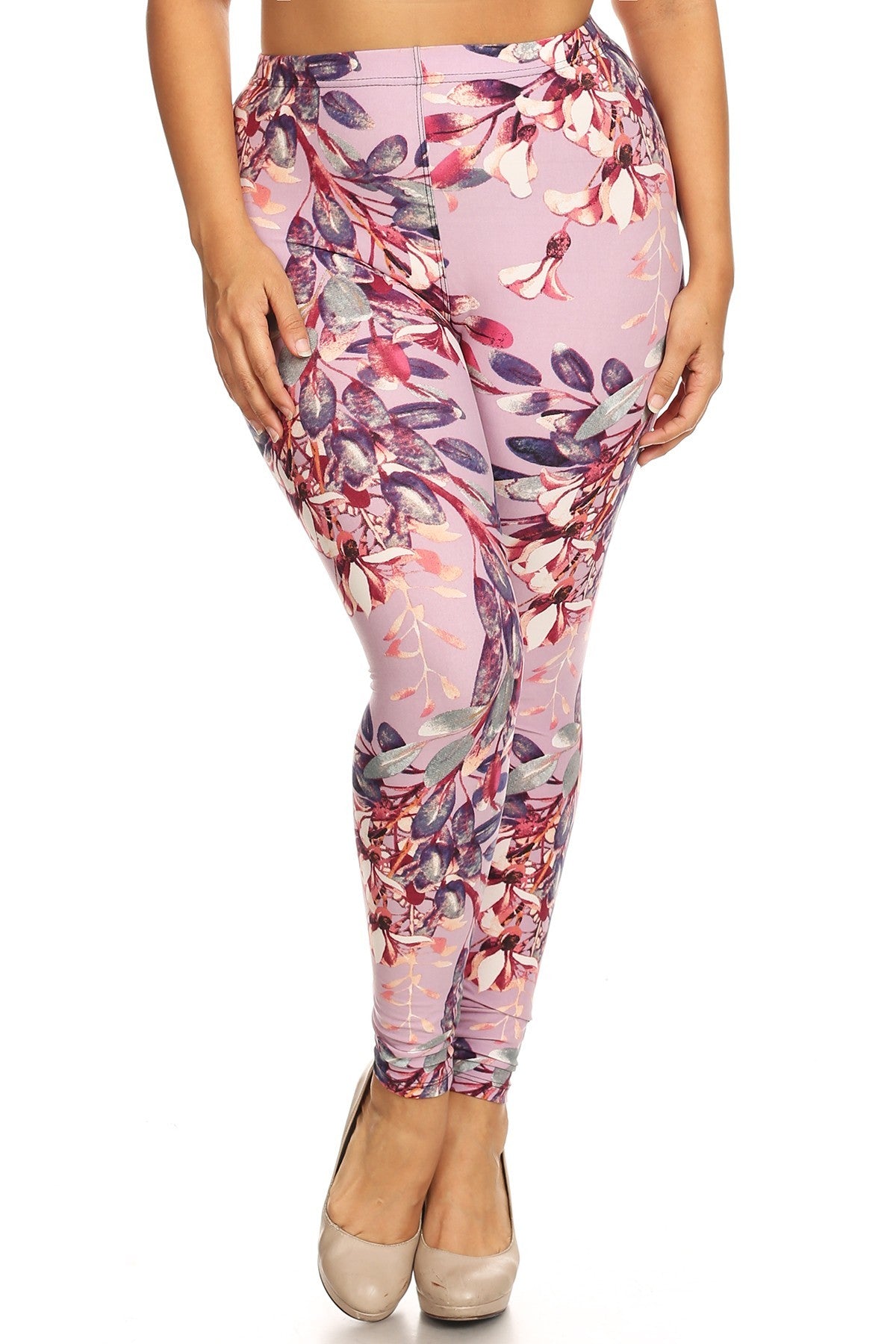 Plus Size Floral Print, Full Length Leggings In A Slim Fitting Style With A Banded High Waist