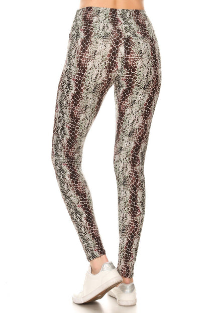 Yoga Style Banded Lined Snakeskin Printed Knit Legging With High Waist.