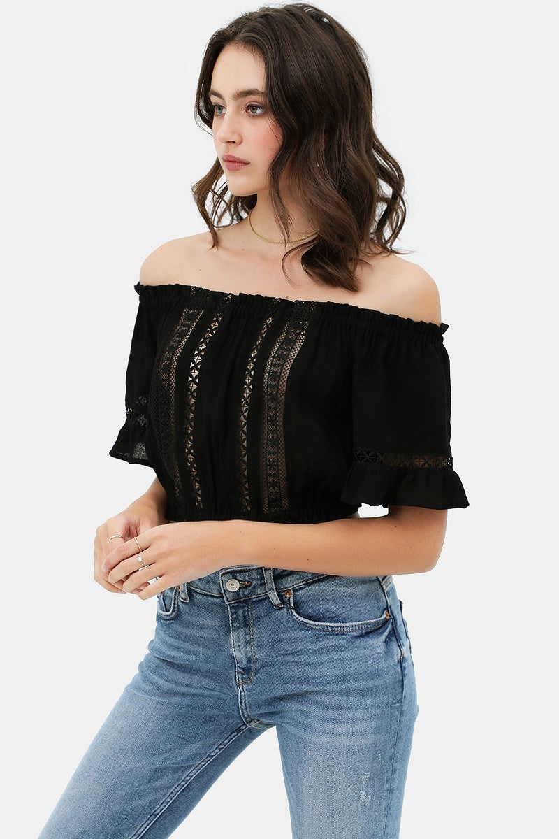 Lace Trim On The Front And Sleeves, Waist Band Cropped Top