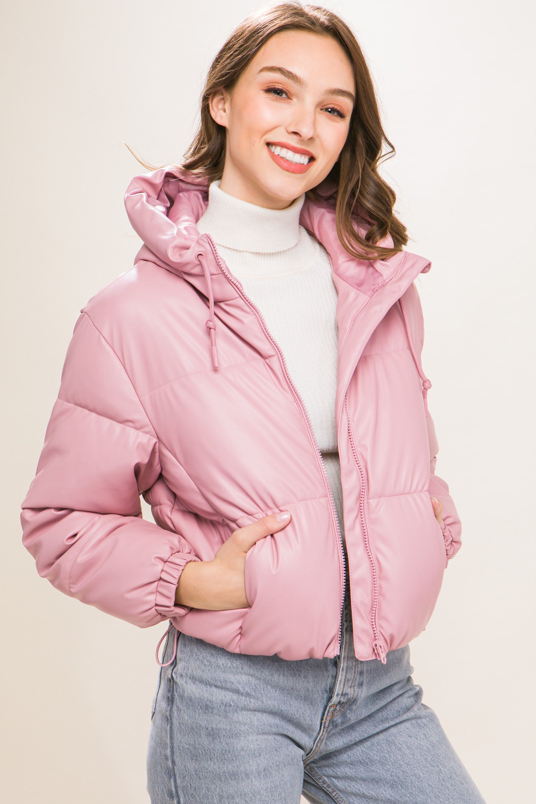 Pu Faux Leather Zipper Hooded Puffer Jacket