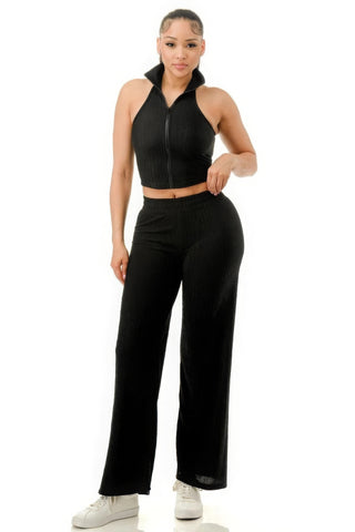 Crinkle Wide Pants Set Zipper