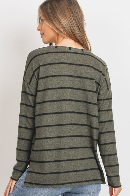 Striped Front Pocket Round Collar