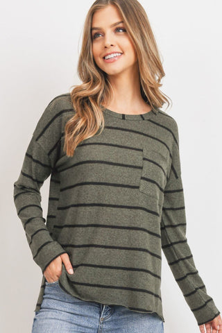 Striped Front Pocket Round Collar