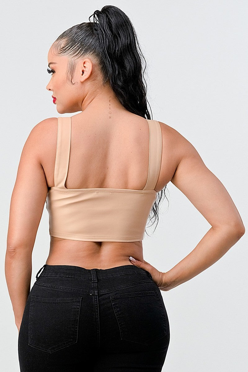 Lux Faux Leather Pu Zipup Strap Sleeveless Cropped Top