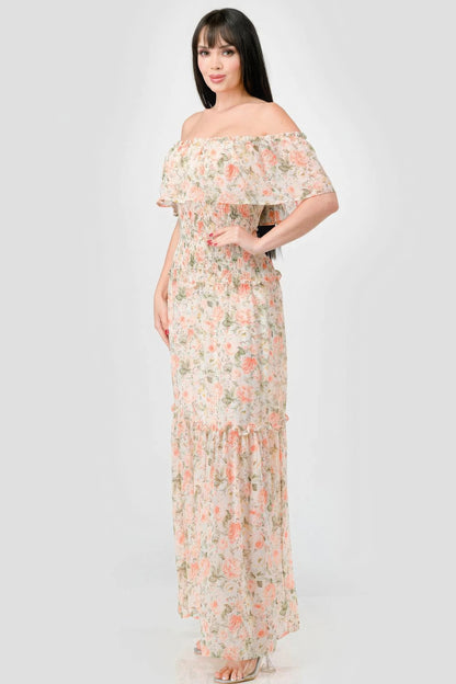 Floral Chiffon Off Shoulder Smocked Back Ruffled Tiered Maxi Dress