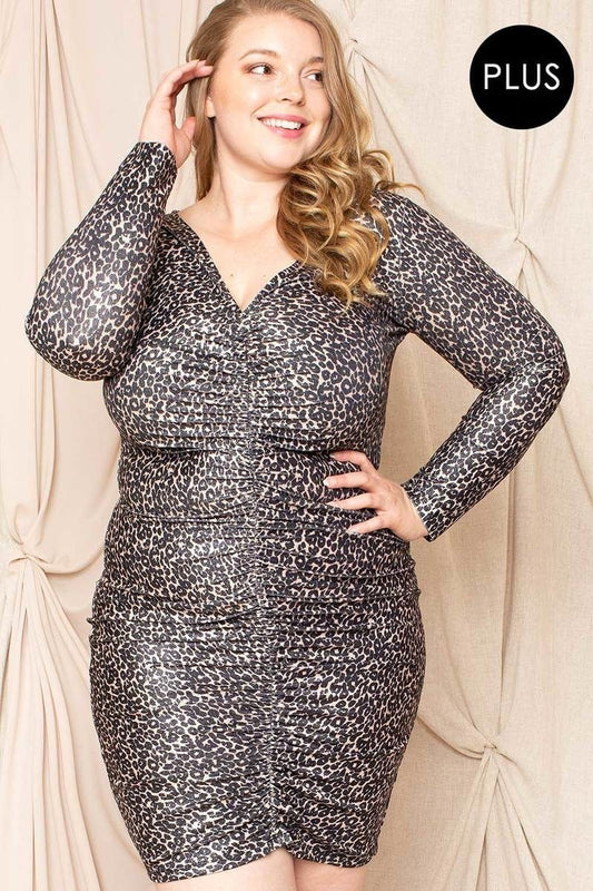 Leopard Print Shirring Plus Size Mini Dress