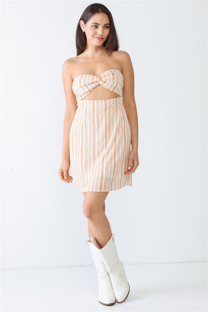 White & Apricot Stripe Print Strapless Twist Cut-out Smocked Back Mini Dress