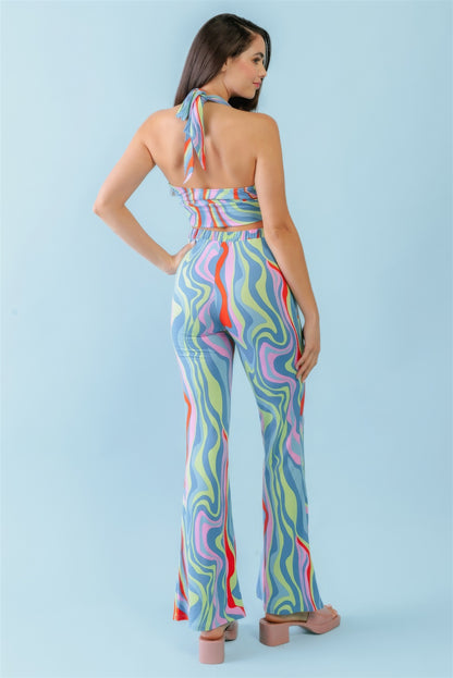 Multicolor Abstract Print Halter V-neck Ruched Open Back Crop Top & High Waist Pants Set