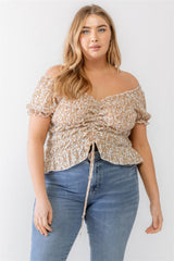 Plus Floral Chiffon Ruched Smocked Off-the-shoulder Top