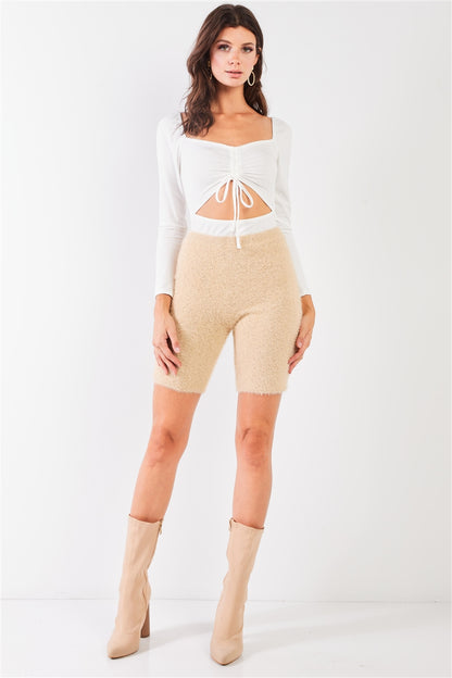 Oatmeal Beige Knit High Waist Stretchy Warm Fuzzy Biker Shorts