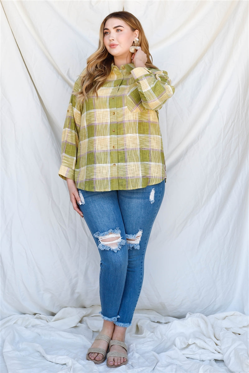 Plus Lime Cotton & Linen Blend Textured Plaid Shirt Top