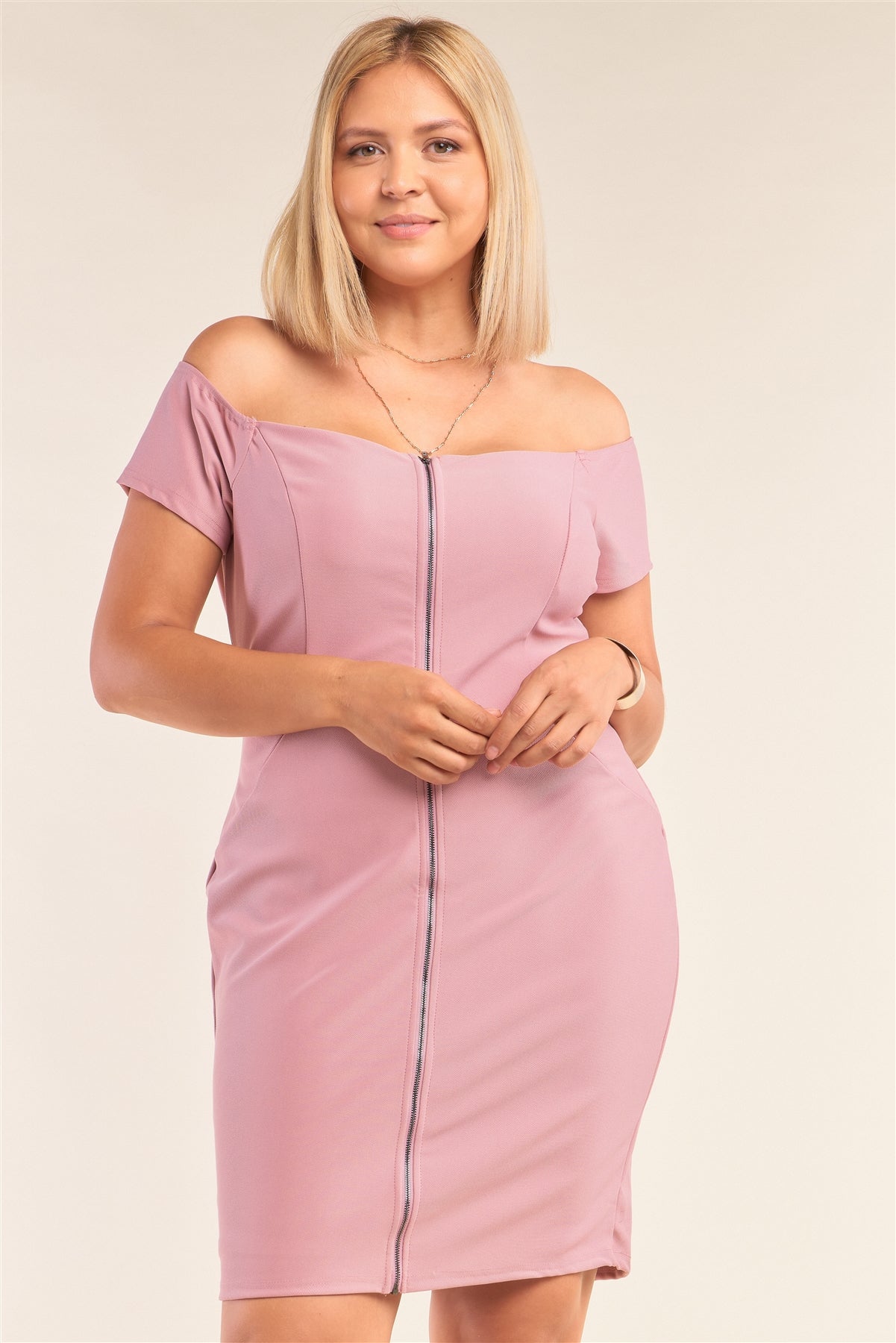 Plus Size Fitted Off-the-shoulder Front Zipper Bodycon Mini Dress