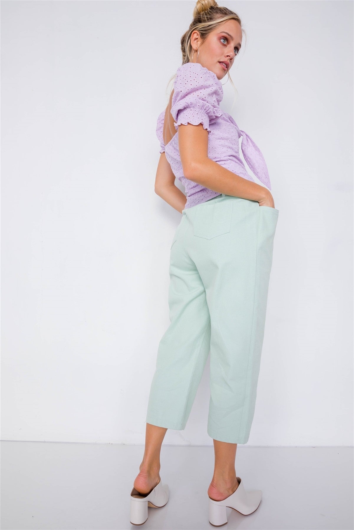 Pastel Chic Solid Ankle Wide Leg Adjustable Snap Waist Pants