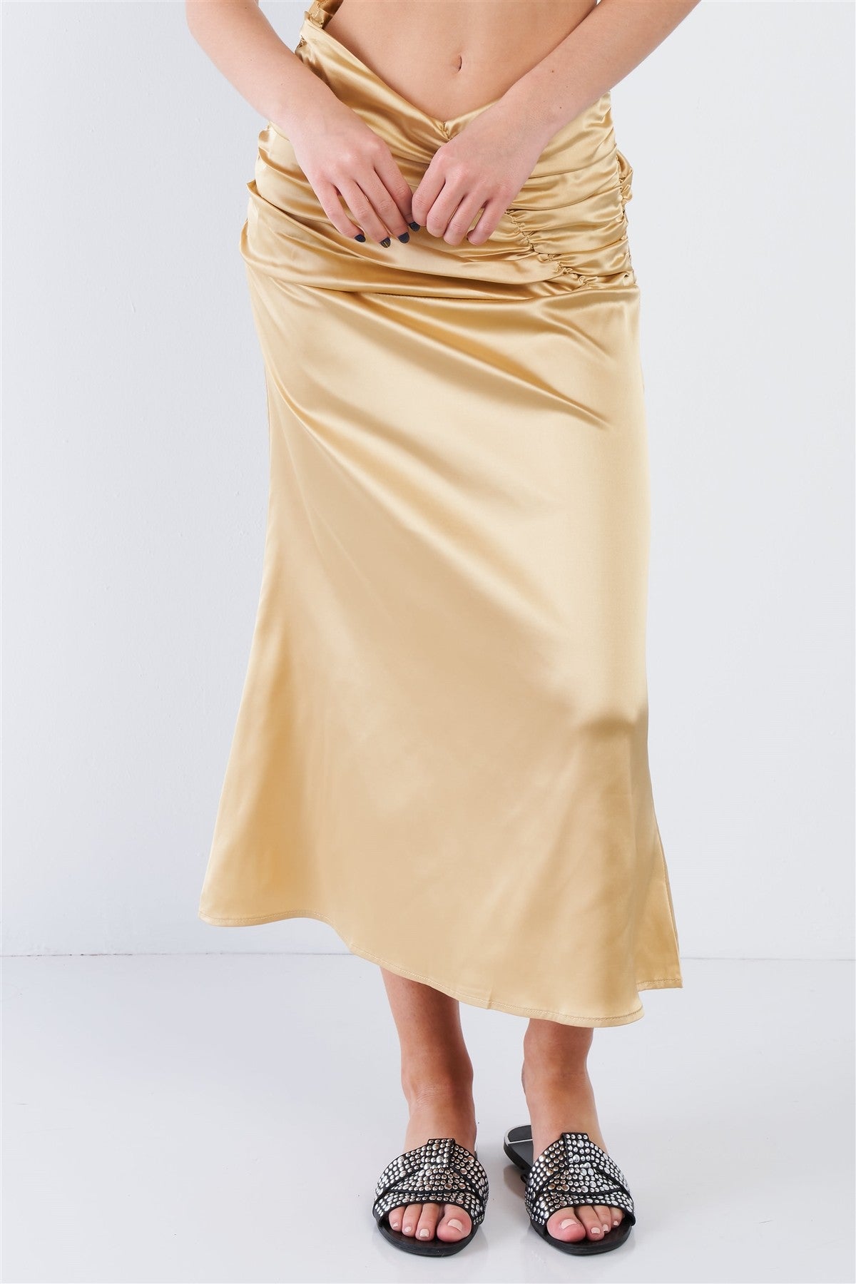 Satin Ruffle Waist Midi Skirt