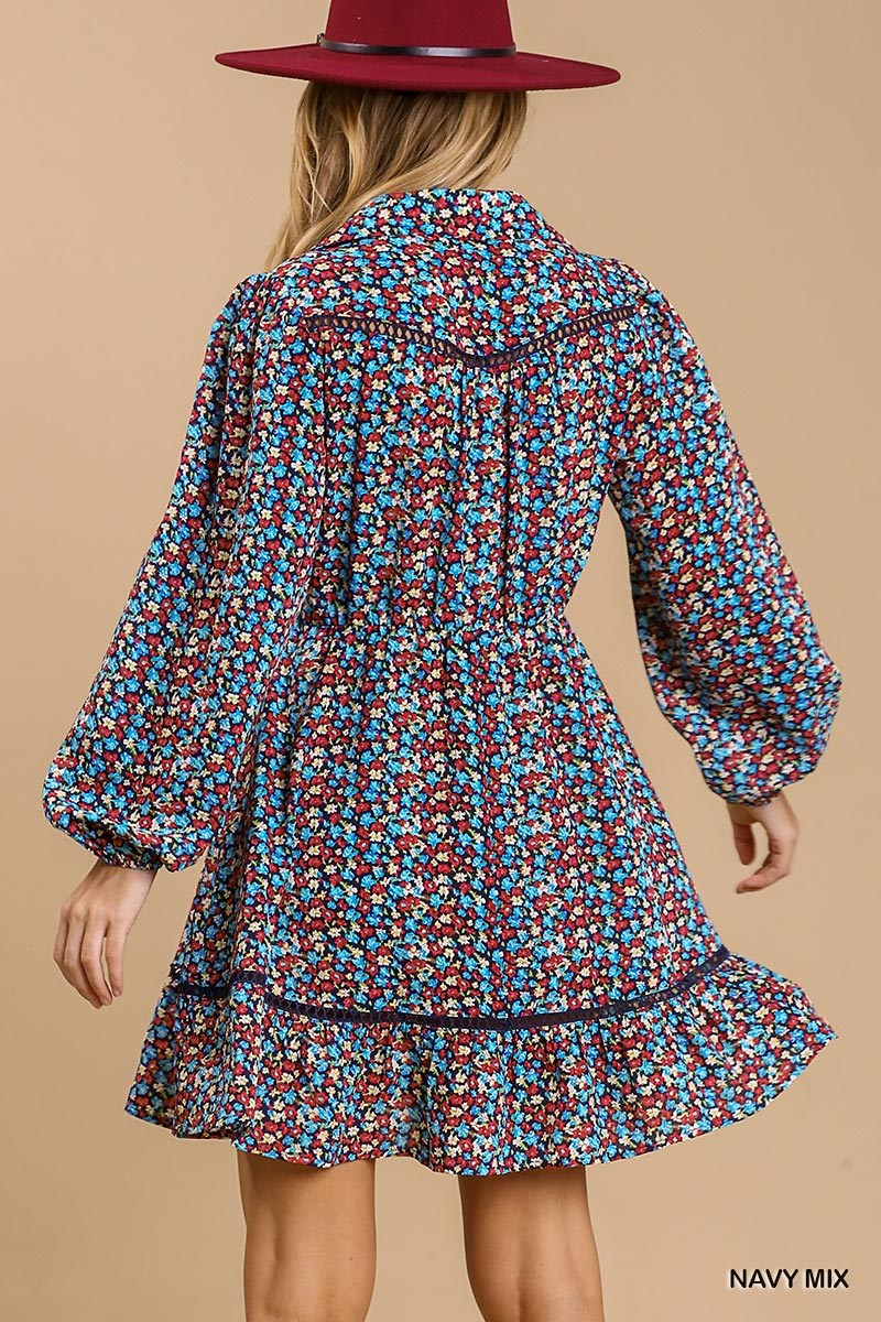 Collared neckline button down floral print dress with crochet trimmed details