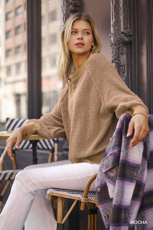 Puff Sleeve Boat Neck Sweater