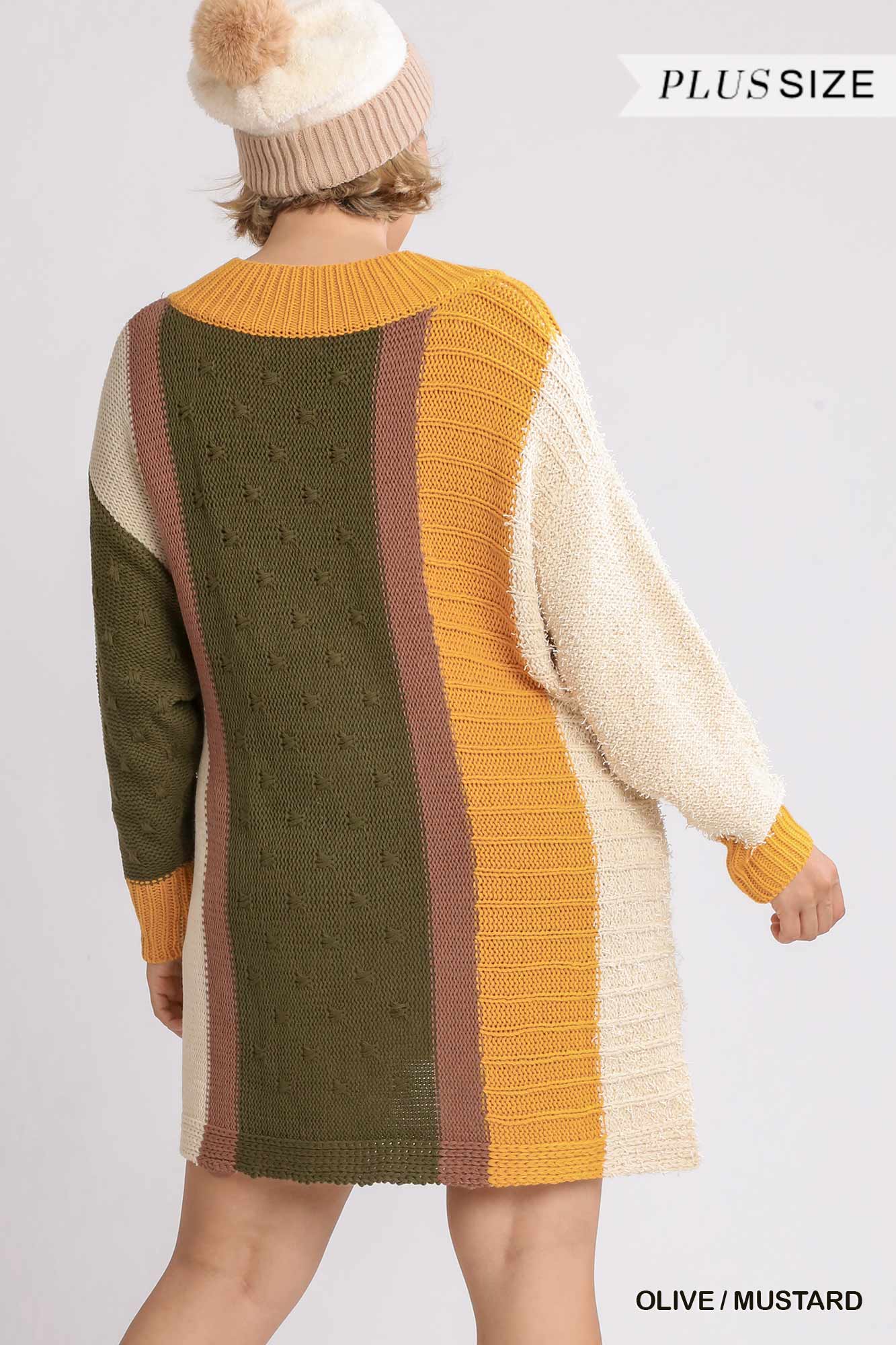 Oversized Multicolor Boucl� V-neck Pullover Sweater Dress With Side Slit