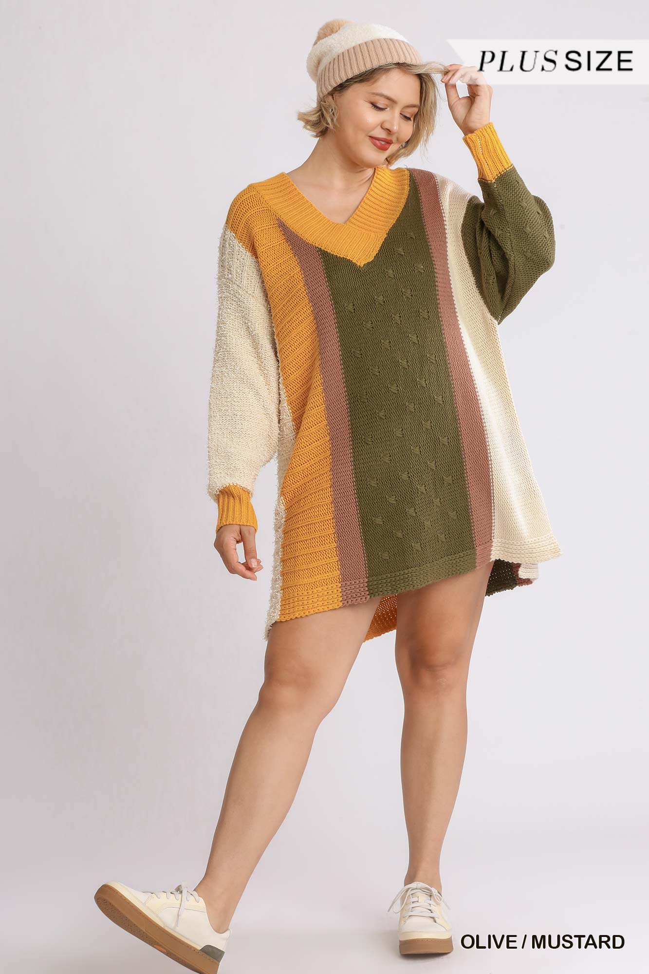 Oversized Multicolor Boucl� V-neck Pullover Sweater Dress With Side Slit