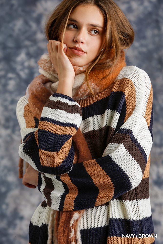 Multicolored Stripe Round Neck Long Sleeve Knit Sweater